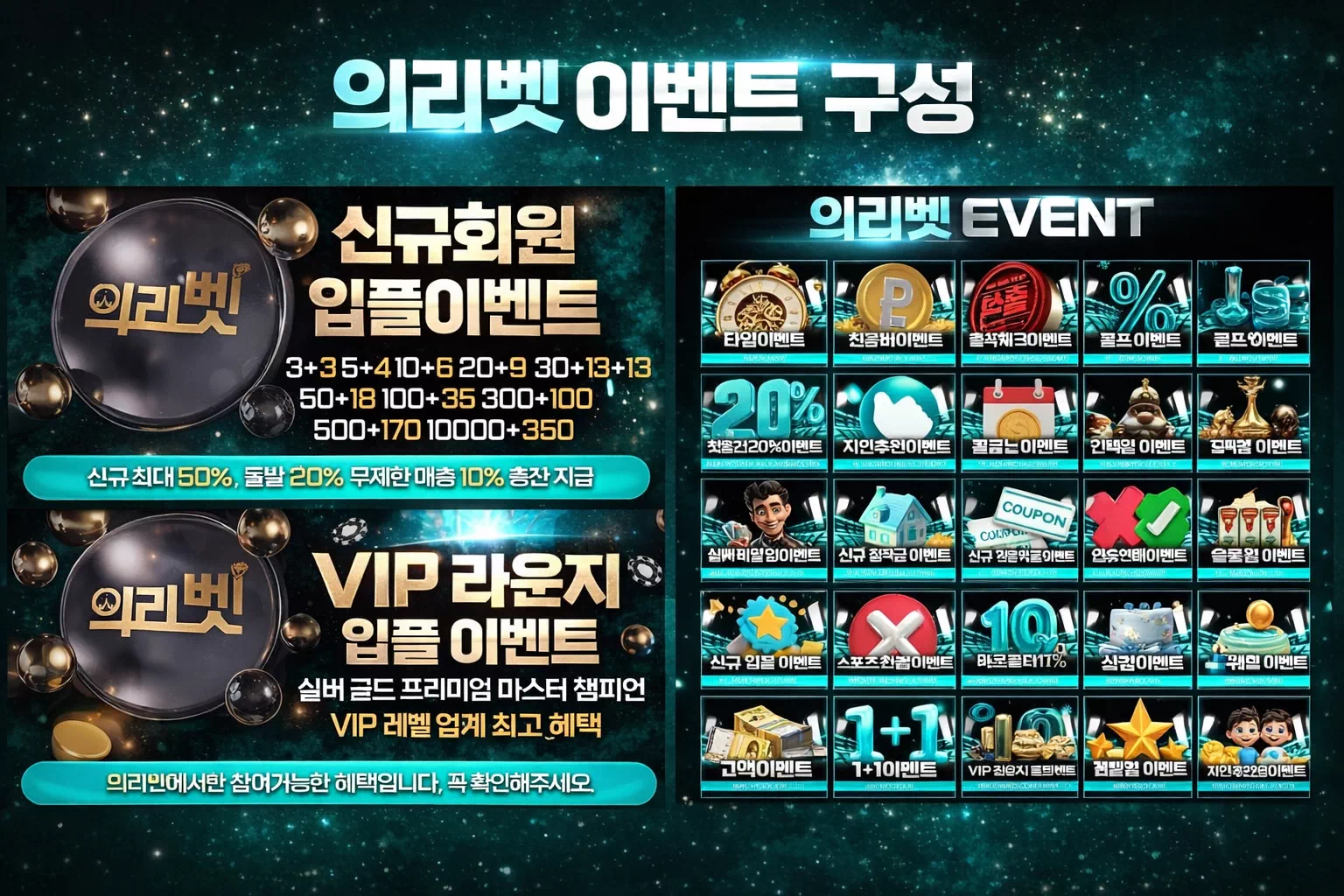 의리벳 이벤트 구성과 신규 입플 VIP 라운지 페이백 이벤트를 좌우형으로 정리한 가로 이미지